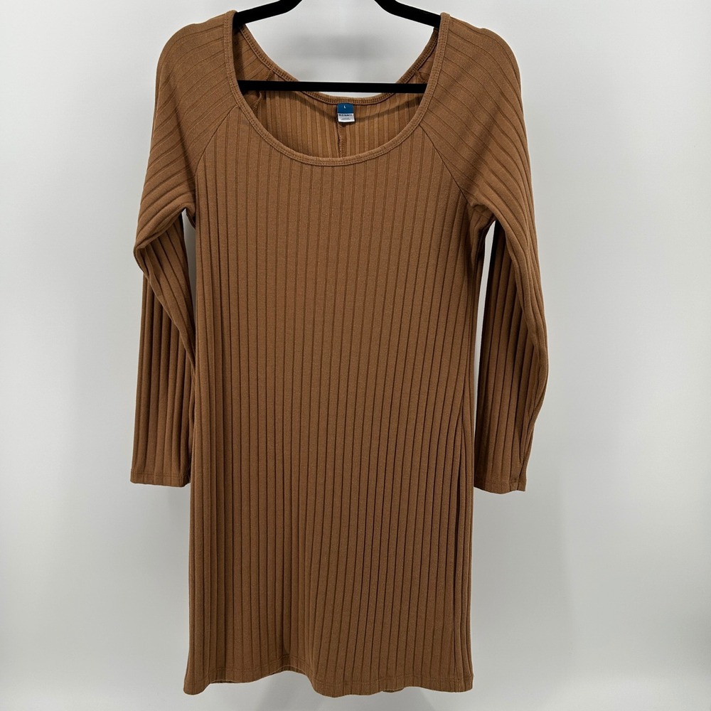 Old Navy Brown Ribbed Long Sleeve Mini Bodycon Dress L Minimal Neutral‎ Autumn